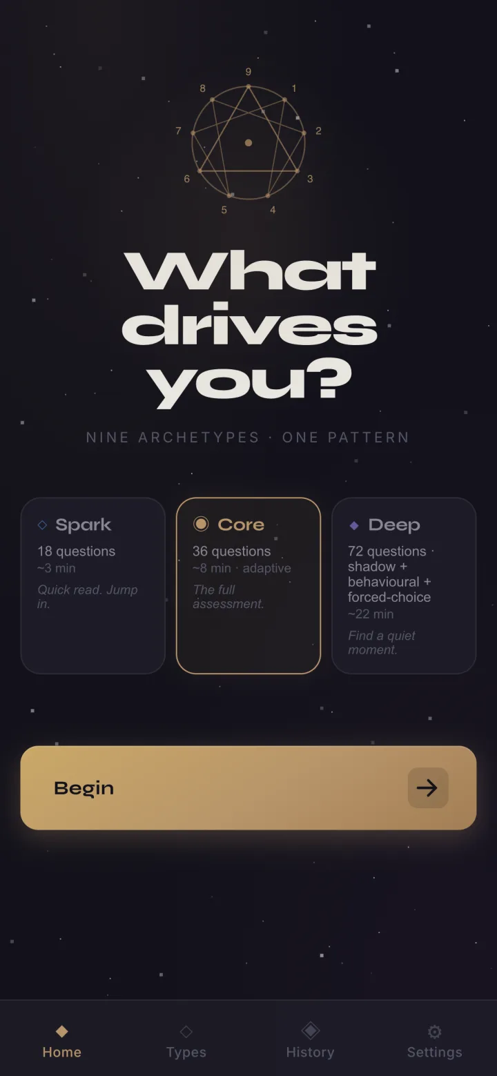 Motive's home screen in the dark theme: the Enneagram figure above the question What drives you?, and the Spark, Core and Deep cards with their question counts and times, Core selected, above the Begin button