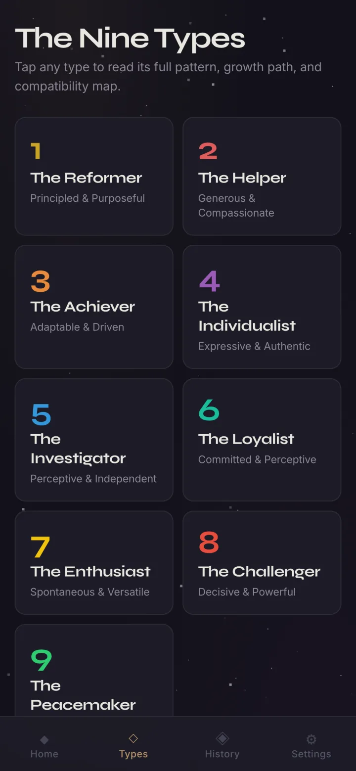 The same Nine Types screen in the Deep Warm Navy theme